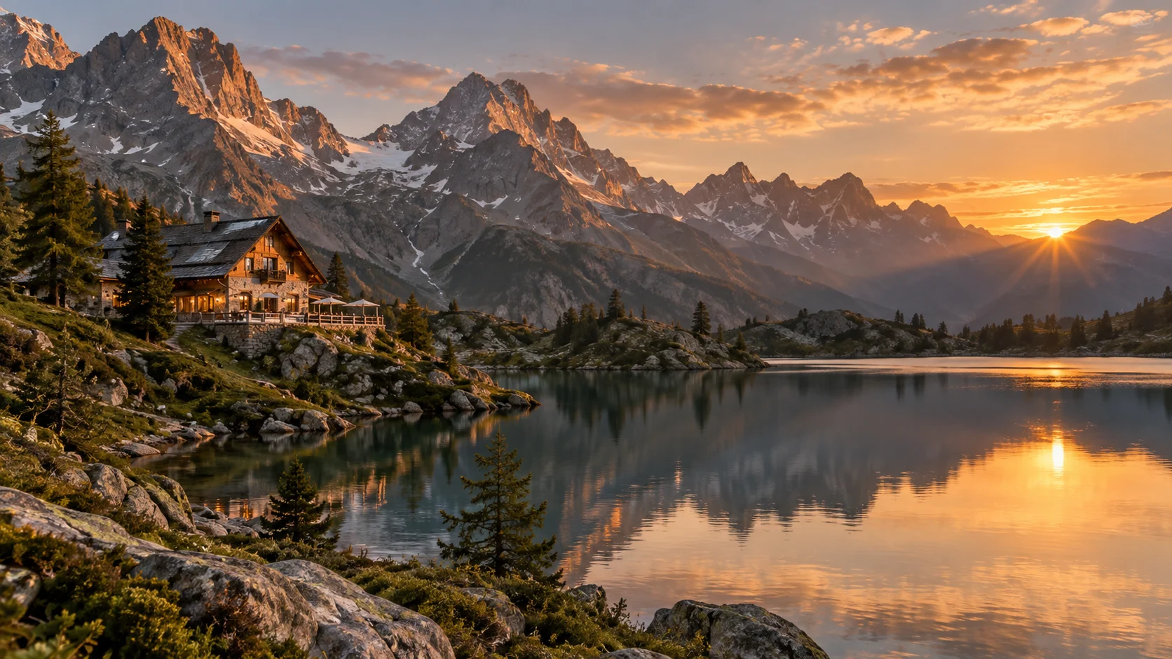 Illustrative mountain peaks reflected in an alpine lake at sunset