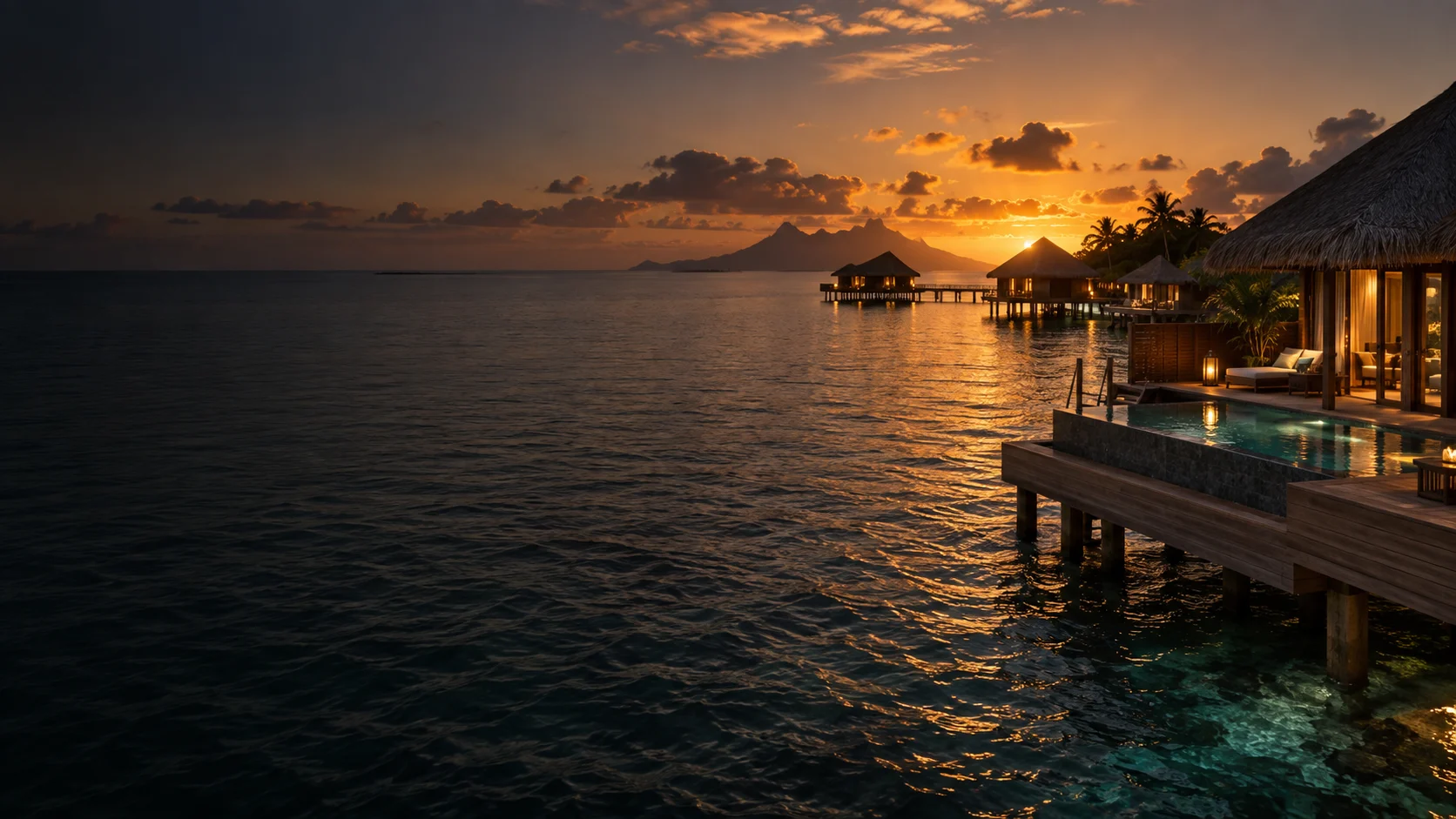 Illustrative island villas overlooking a quiet ocean at sunset