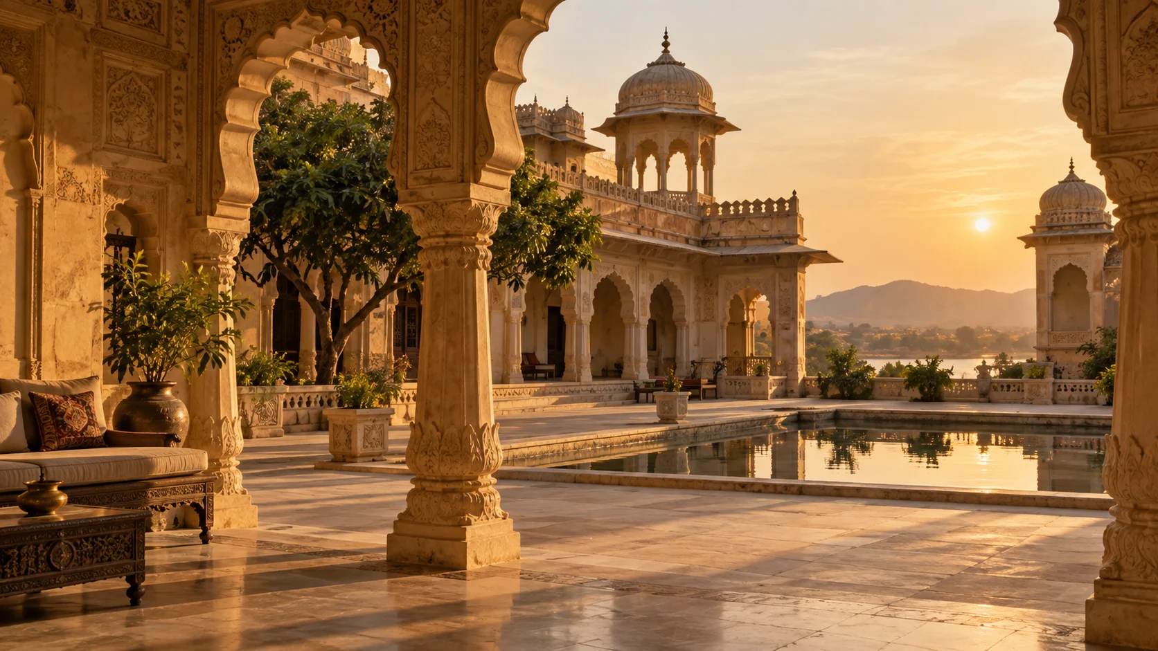 Illustrative palace courtyard with intricate carved stone